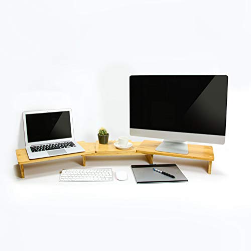 Doppel-Monitorhalter aus Bambus - 3-teilige Monitorerhöhung mit Einstellbarer Länge und Winkel - Monitorständer aus Bambus - Bildschirmerhöhung Holz - Tablet Ständer - Halterung 2 monitore