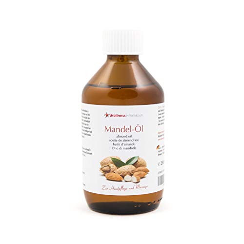 WellnessInPerfektion reines Bio Mandelöl (250ml) Massageöl Naturkosmetik Öl für Haut und Haar Mandel Körperöl Wellness Kosmetik für Massage I Basisöl vegan und ohne Konservierungsmittel