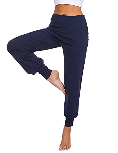 Sykooria Yogahose Damen Pumphose Baumwolle High Waist Freizeit Pilates Elastisch Sporthose mit Rock Navy Blau XL