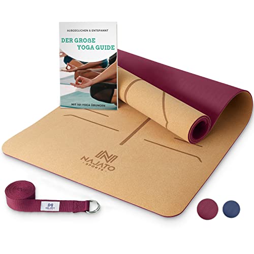 NAJATO Sports Yogamatte – Rutschfeste mit Yoga Gurt, Tragegurt & E-Book – aus Kork 183 x 65 x 0,6 cm – Nachhaltige Matte
