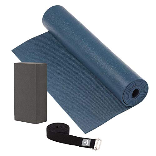 Yogamatte (4,5 mm), blau, im Set mit Yoga Block und Yogagurt (schwarz), strapazierfähige Yogamatte aus PVC, Komplett-Set, Yoga Set