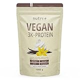 Vegan Protein Pulver Vanille 1kg 83% Eiweiß - 3k-Proteinpulver 1000g - Nutri + Shake Vanilla Cream Flavor - pflanzliches Eiweißpulver ohne Lactose, Aspartam, Zucker, Stevia & Milch