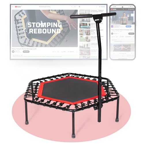 SportPlus Fitness-Trampolin, Ø 126cm, leise Gummiseilfederung, 5-Fach höhenverstellbarer Haltegriff, inkl. Randabdeckung, Nutzergewicht bis 130kg, Trampolin für Jumping Fitness