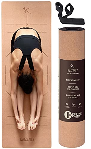KAIZENLY Yogamatte Rutschfest - Naturkork, Umweltfreundlich - Yogamatte Kork TPE mit Tragegurt - Yoga Matte Kork, Fitnessmatte, Pilates - Yoga Mat Cork