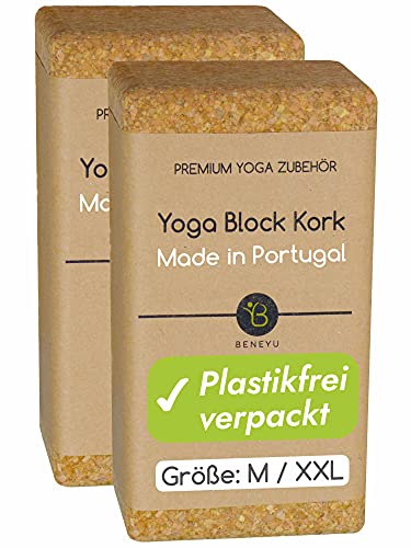 beneyu® Nachhaltiges Yoga Block Kork 2er Set - Das Bewährte Yoga Block 2er Set aus 100% Naturkork Made in Portugal - Ideal als Unterstützung beim Yoga und Pilates inkl. Übungen