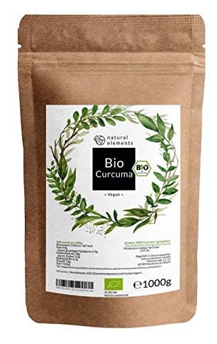 natural elements Kurkuma Pulver Bio 1kg - Kurkumapulver aus kontrolliert biologischem Anbau - Laborgeprüft, ohne Zusätze, 100% Curcuma, zertifiziert Bio, Vegan, Glutenfrei, Nachhaltig angebaut