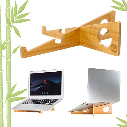 Laptopständer und Tablethalterung aus Bambus (2in1) | Ideales Gadget auf dem Schreibtisch im Büro, Home Office, der Universität oder auf Reisen | Geräte bis 16 Zoll | Faltbarer Tischständer