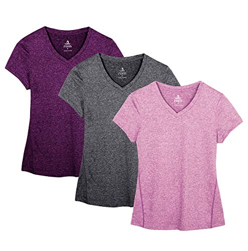icyzone Damen Sport Fitness T-Shirt Kurzarm V-Ausschnitt Laufshirt Shortsleeve Yoga Top 3er Pack (XXL, Charcoal/Red Bud/Pink)