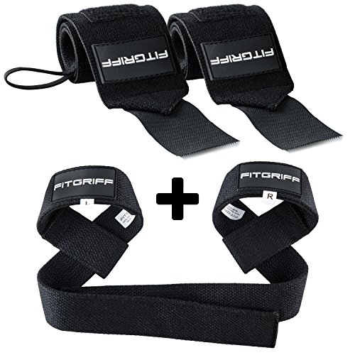 Fitgriff® Handgelenk Bandagen + Zughilfen (2er Set) - für Krafttraining, Bodybuilding, Gewichtheben - für Frauen und Männer (Black)