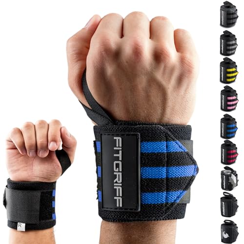 Fitgriff® Handgelenk Bandagen [Wrist Wraps] 45cm Handgelenkbandage für Fitness, Handgelenkstütze, Bodybuilding, Kraftsport & Crossfit (Schwarz/Blau)