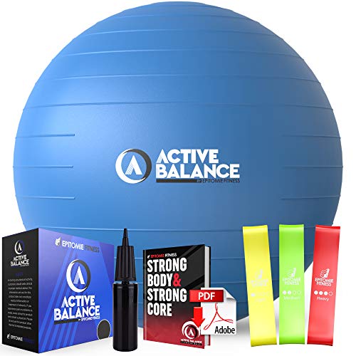 Active Balance Gymnastikball mit Widerstandsbändern & Handpumpe - Premium Balance Ball für Fitness, Gesundheit, Entlastung & mehr - 75cm Rutschfester Stabilitätsball von Epitomie Fitness Blau