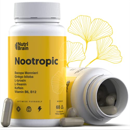 NutriBrain - Opti-Formel Nootropic Brain Booster - Konzentrations Tabletten mit Ginkgo Biloba, Tyrosin, L-Theanin & 130mg Koffein - Dopamin Tabletten, Gedächtnis Tabletten, Fokus Kapseln