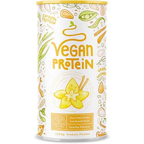 Vegan Protein - VANILLE - Pflanzliches Proteinpulver aus gesprossten Reis, Erbsen, Sojabohnen, Leinsamen, Amaranth, Sonnenblumen- und Kürbiskernen - 1,2kg Pulver