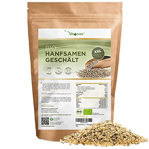 Bio Hanfsamen geschält - 1100 g (1,1 kg) – Premium: Herkunft Niederlande - Natürliche Protein Eiweißquelle - Reich an Omega-3 Fettsäuren - 100% Hempseeds - Vegan -Superfood - Laborgeprüft