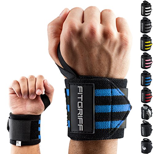 Fitgriff® Handgelenk Bandagen [Wrist Wraps] 45cm Handgelenkbandage für Fitness, Handgelenkstütze, Bodybuilding, Kraftsport & Crossfit (Schwarz/Blau)