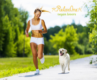 Vegan woman walking her dog. RelaxOne